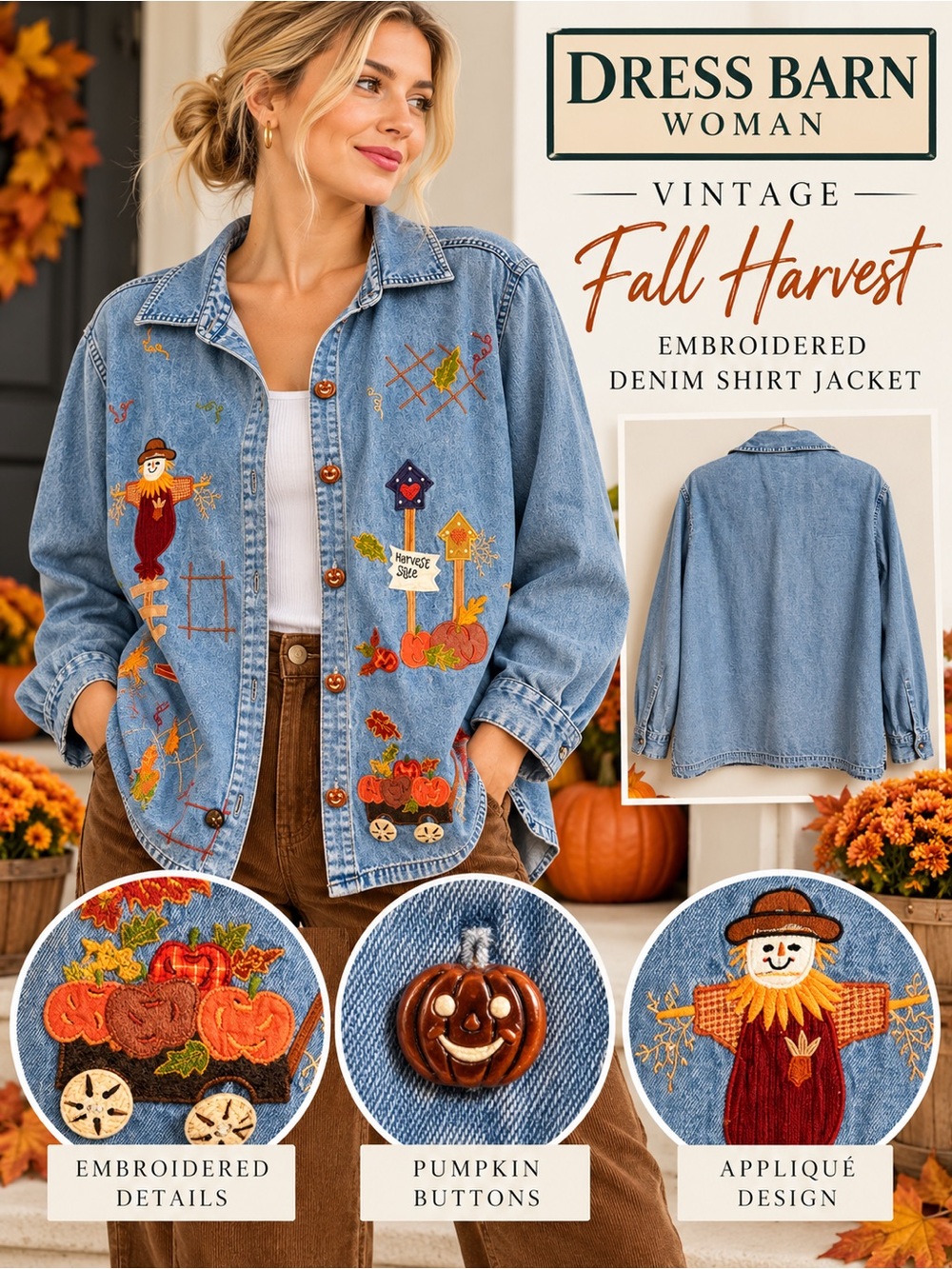Dress Barn Vintage Fall Harvest Embroidered Denim Shirt Jacket - Blue